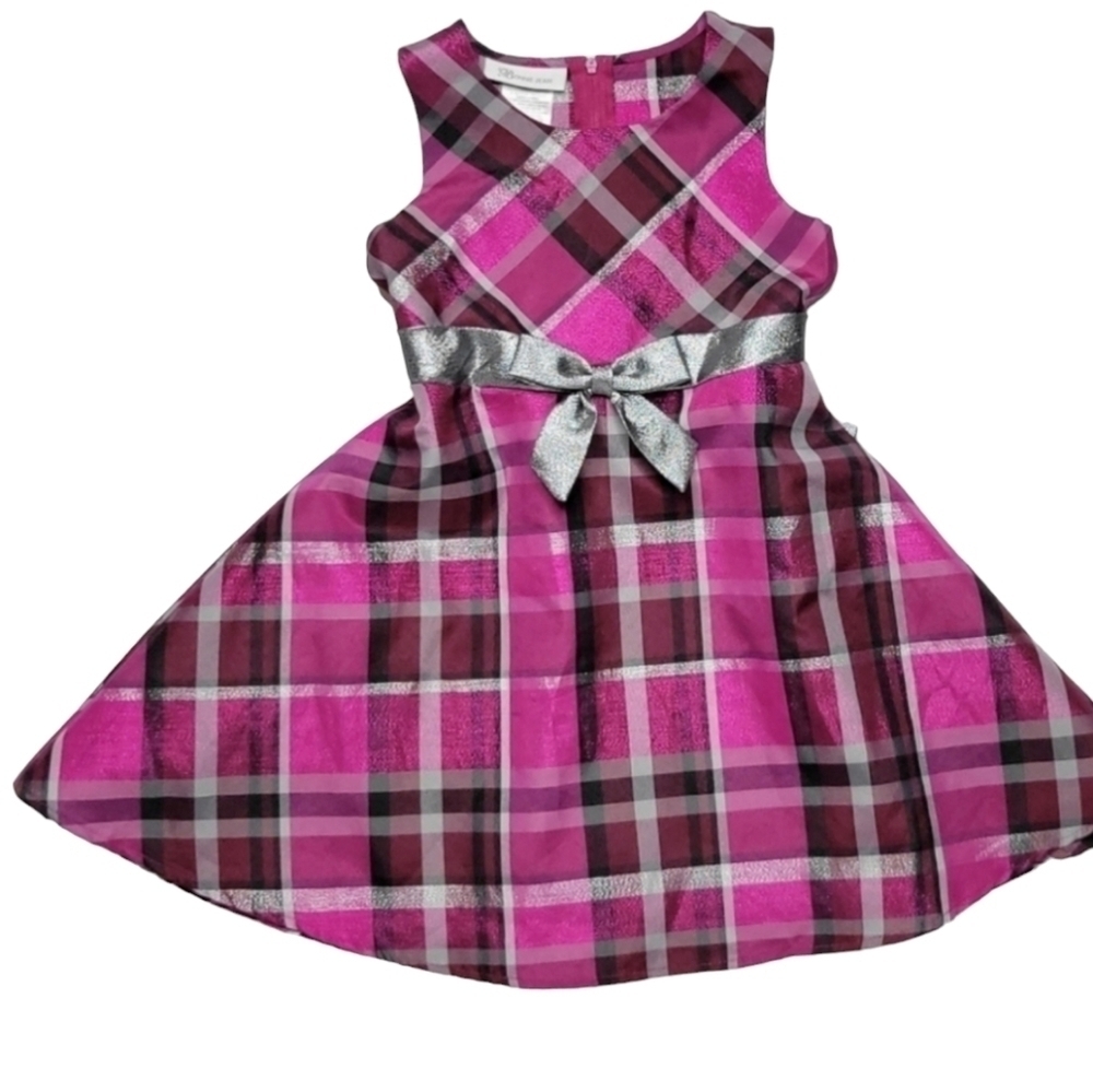 Bonnie Jean Pink Black Plaid Holiday Party Dress Silver Bow Little Girl's 4T
